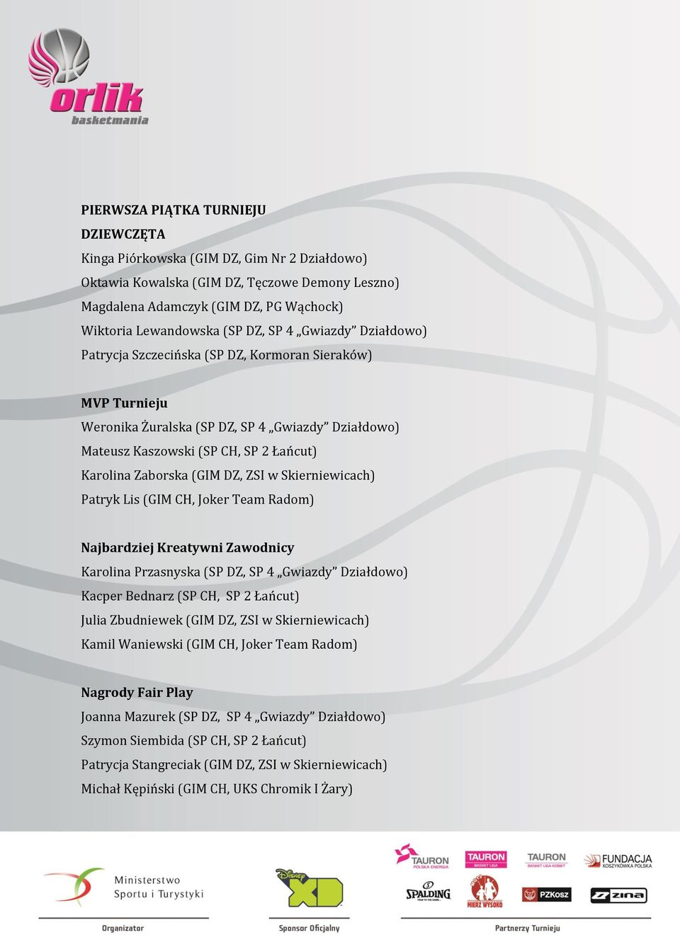 DZ, ZSI w Skierniewicach) Patryk Lis (GIM CH, Joker Team Radom) Najbardziej Kreatywni Zawodnicy Karolina Przasnyska (SP DZ, SP 4 Gwiazdy Działdowo) Kacper Bednarz (SP CH, SP 2 Łańcut) Julia