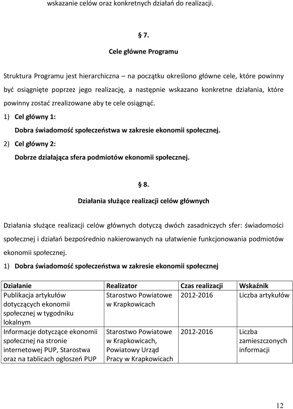 powinny zostać zrealizowane aby te cele osiągnąć. 1) Cel główny 1: Dobra świadomość społeczeństwa w zakresie ekonomii społecznej.