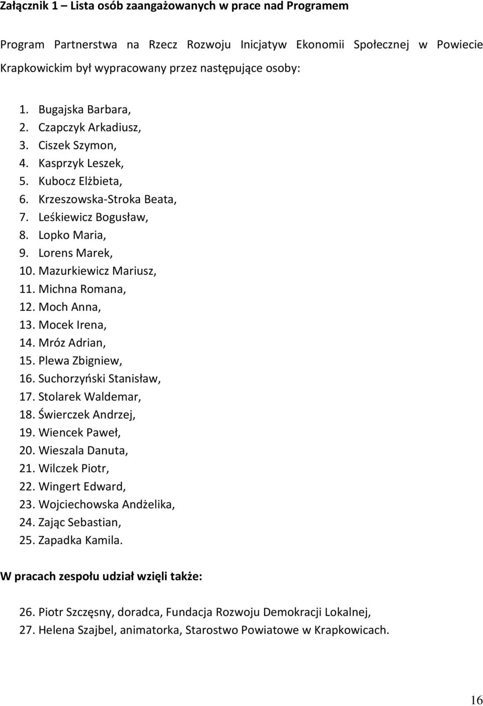 Mazurkiewicz Mariusz, 11. Michna Romana, 12. Moch Anna, 13. Mocek Irena, 14. Mróz Adrian, 15. Plewa Zbigniew, 16. Suchorzyński Stanisław, 17. Stolarek Waldemar, 18. Świerczek Andrzej, 19.