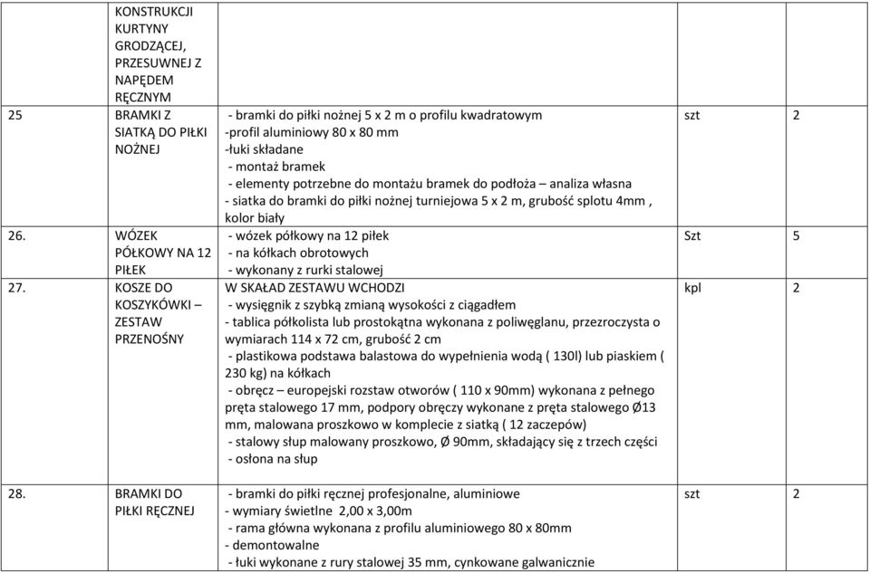 własna - siatka do bramki do piłki nożnej turniejowa 5 x 2 m, grubość splotu 4mm, kolor biały - wózek półkowy na 12 piłek - na kółkach obrotowych - wykonany z rurki stalowej W SKAŁAD ZESTAWU WCHODZI