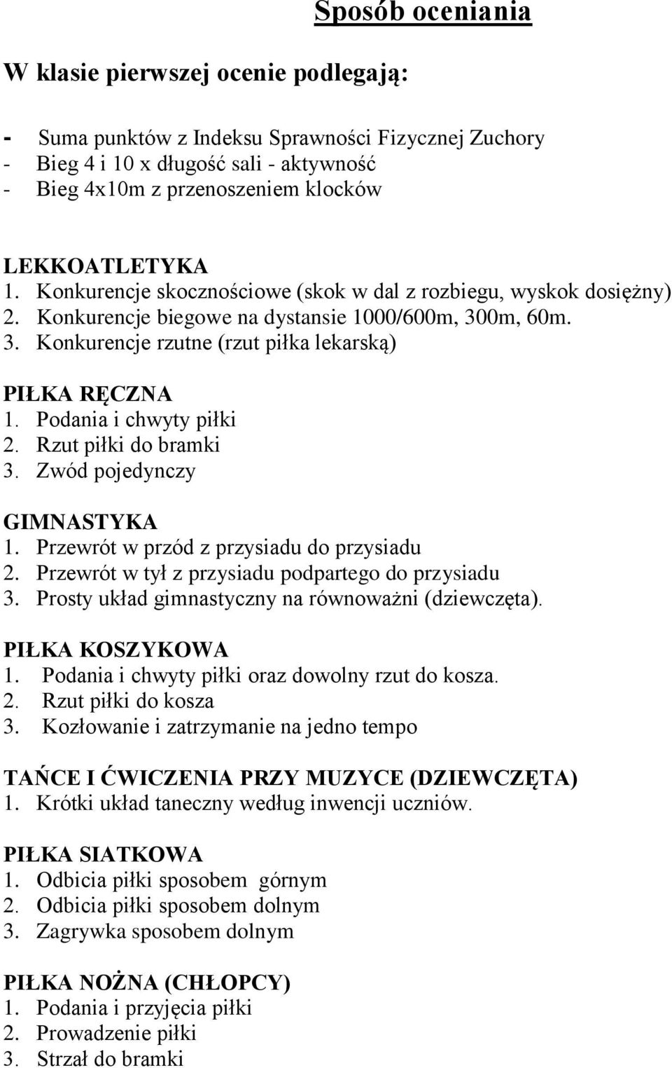 Podania i chwyty piłki 2. Rzut piłki do bramki 3. Zwód pojedynczy GIMNASTYKA 1. Przewrót w przód z przysiadu do przysiadu 2. Przewrót w tył z przysiadu podpartego do przysiadu 3.