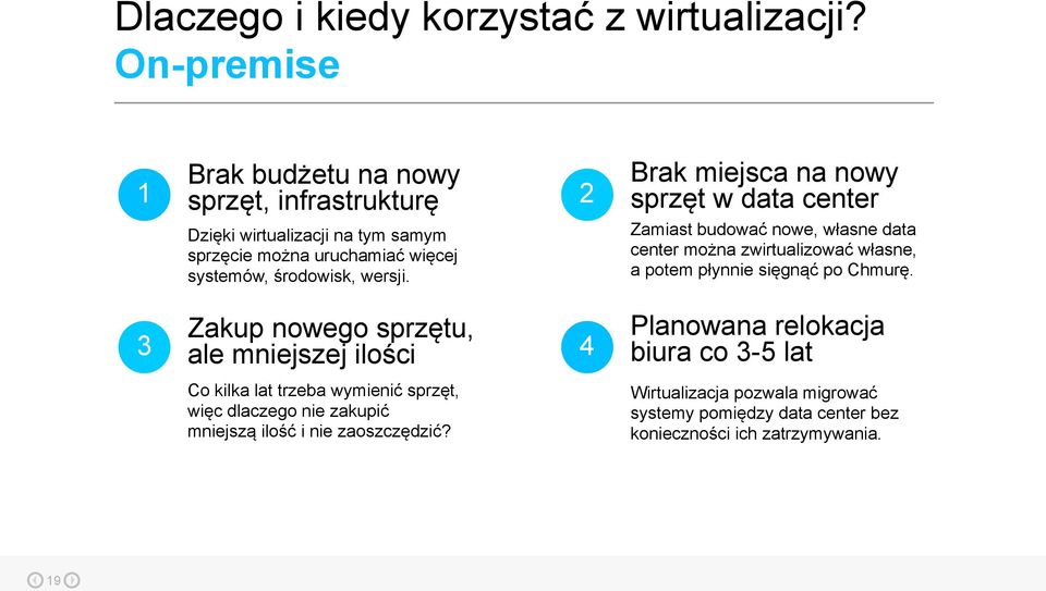 uruchamiać więcej systemów, środowisk, wersji. Zamiast budować nowe, własne data center można zwirtualizować własne, a potem płynnie sięgnąć po Chmurę.