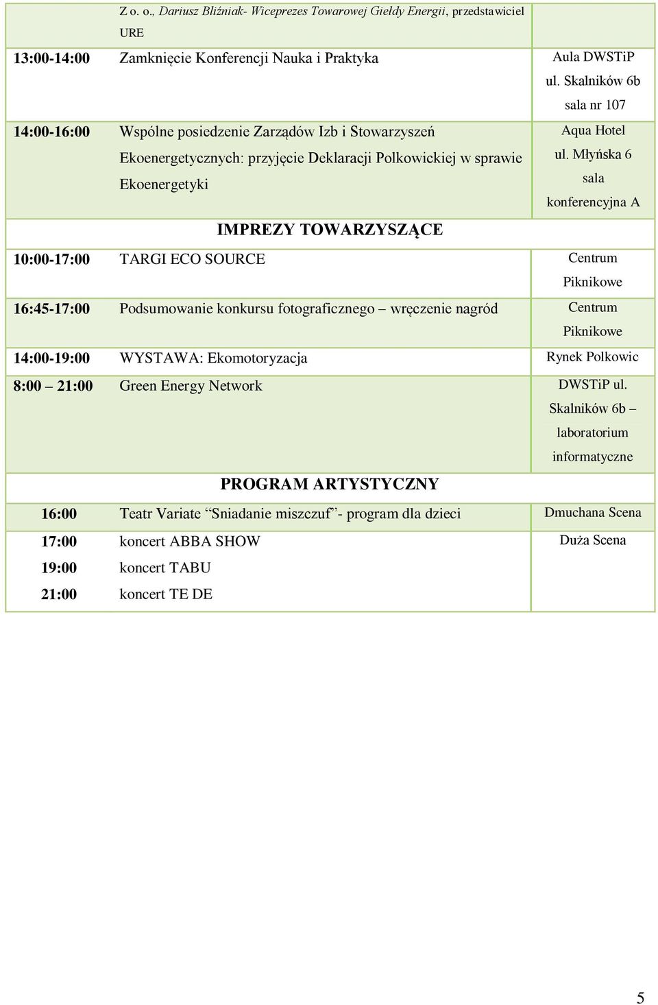 10:00-17:00 TARGI ECO SOURCE Centrum 16:45-17:00 Podsumowanie konkursu fotograficznego wręczenie nagród Centrum 8:00 21:00 Green Energy Network ul.