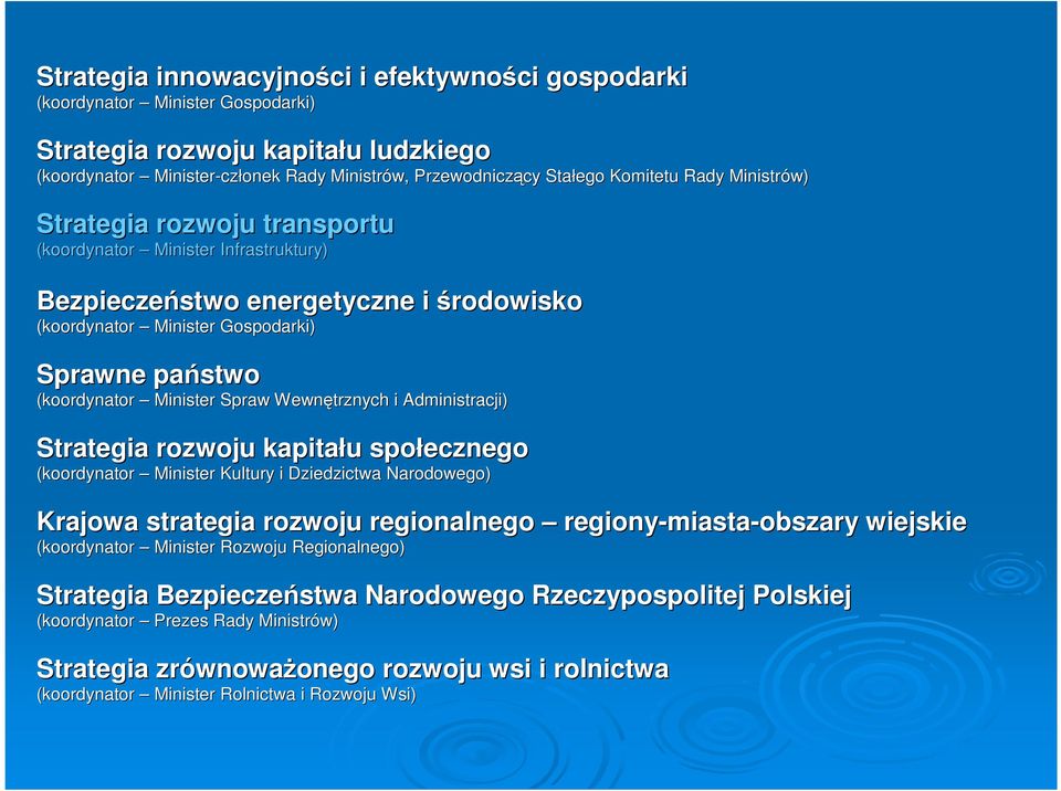 (koordynator Minister Spraw Wewnętrznych i Administracji) Strategia rozwoju kapitału u społecznego (koordynator Minister Kultury i Dziedzictwa Narodowego) Krajowa strategia rozwoju regionalnego