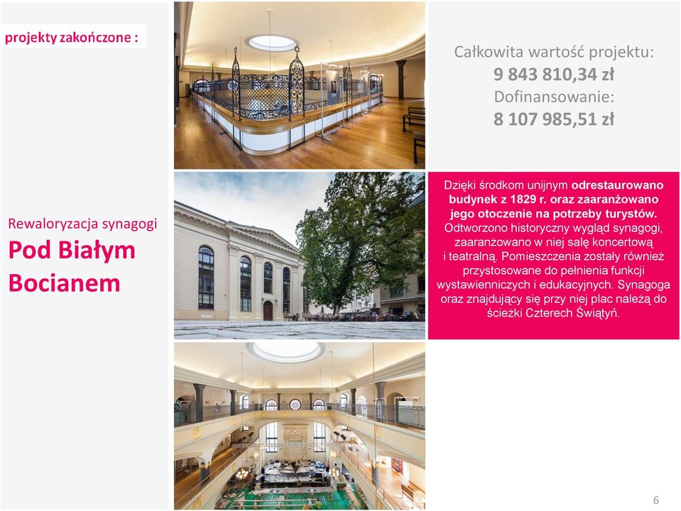 Odtworzono historyczny wygląd synagogi, zaaranżowano w niej salę koncertową i teatralną.