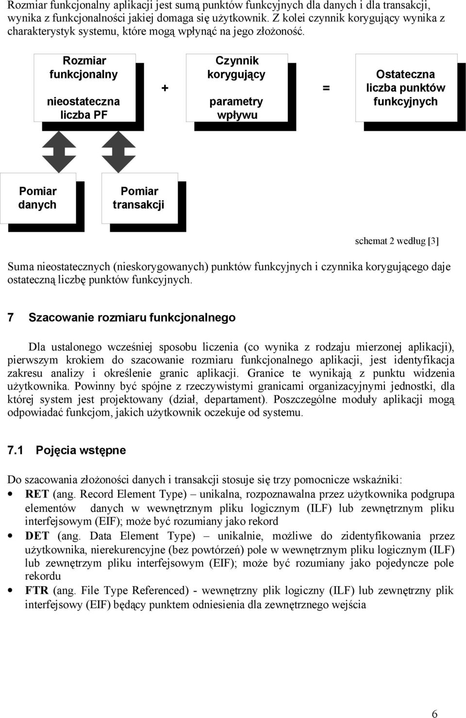 Rozmiar funkcjonalny nieostateczna liczba PF Czynnik korygujący + = parametry wpływu Ostateczna liczba punktów funkcyjnych Pomiar danych Pomiar transakcji schemat 2 według [3] Suma nieostatecznych