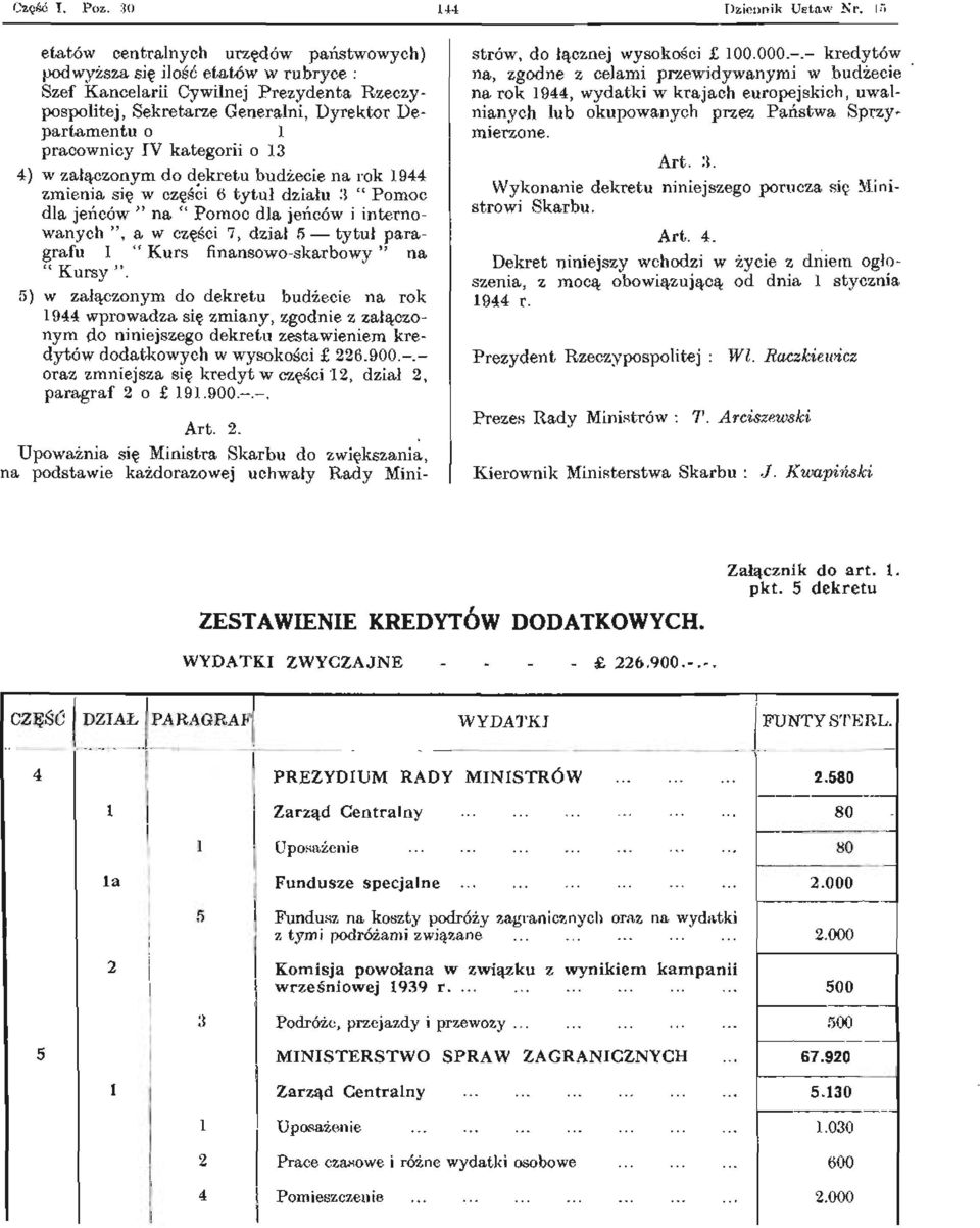 kategorii o 13 4) w załączonym do dekretu budżecie na rok 1944 zmienia się w części 6 tytuł działu 3 " Pomoc dla jeńców " na " Pomoc dla jeńców i internowanych ", a w części 7, dział 5 tytuł