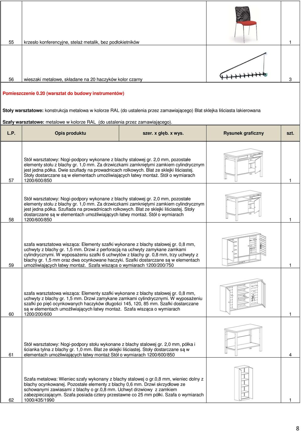 RAL (do ustalenia przez zamawiającego). 57 Stół warsztatowy: Nogi-podpory wykonane z blachy stalowej gr. 2,0 mm, pozostałe elementy stołu z blachy gr. 1,0 mm.
