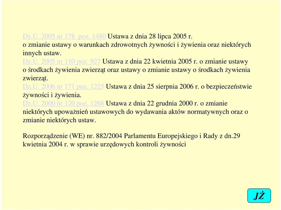 1225 Ustawa z dnia 25 sierpnia 2006 r. o bezpieczeństwie Ŝywności i Ŝywienia. Dz.U. 2000 nr 120 poz. 1268 Ustawa z dnia 22 grudnia 2000 r.