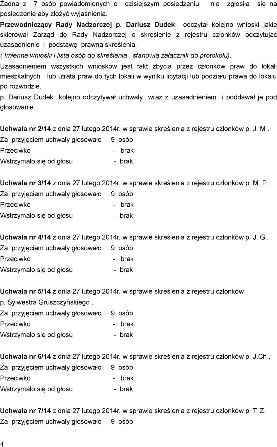 ( Imienne wnioski i lista osób do skreślenia stanowią załącznik do protokołu).