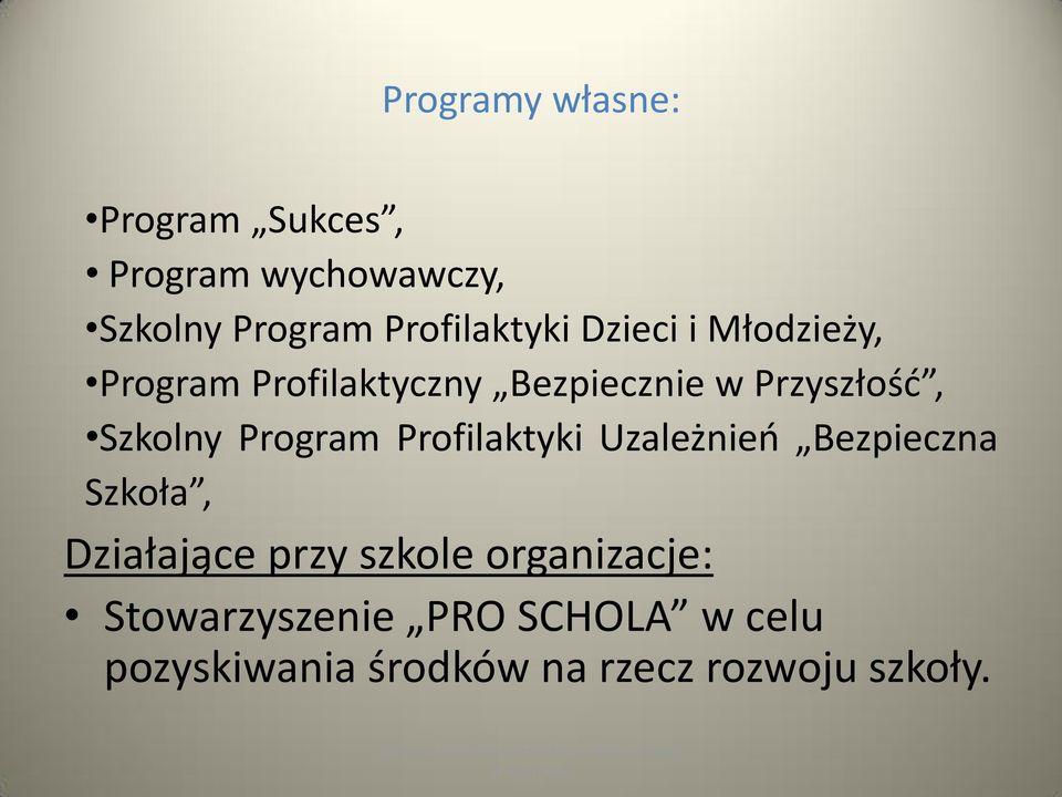 Szkolny Program Profilaktyki Uzależnień Bezpieczna Szkoła, Działające przy szkole