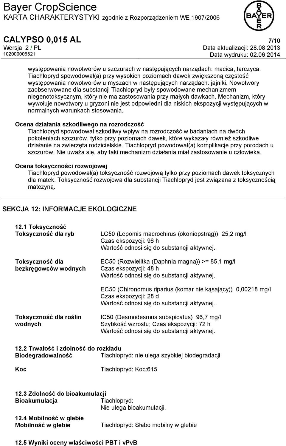 Nowotwory zaobserwowane dla substancji Tiachlopryd były spowodowane mechanizmem niegenotoksycznym, który nie ma zastosowania przy małych dawkach.