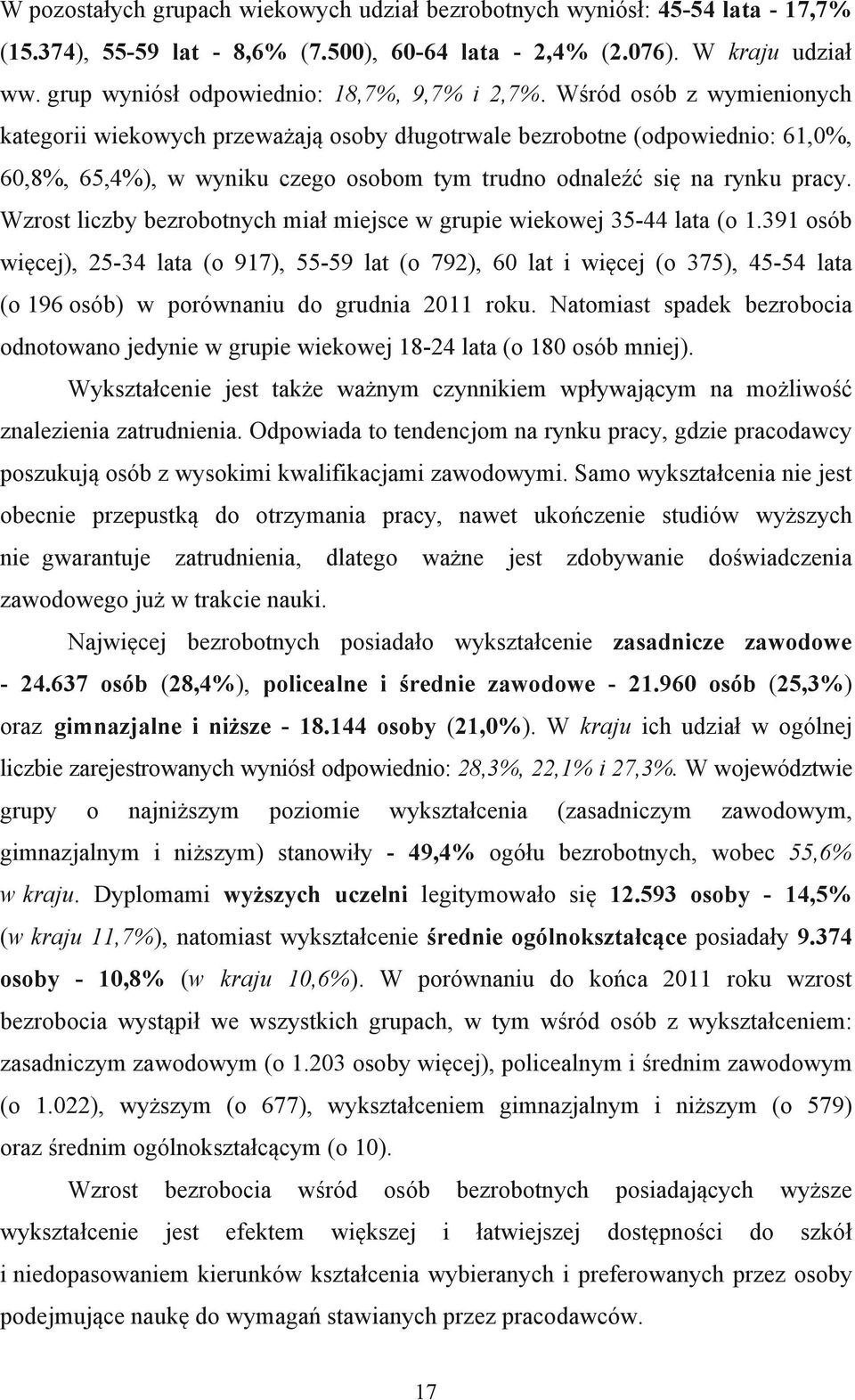 Wśród osób z wymienionych kategorii wiekowych przeważają osoby długotrwale bezrobotne (odpowiednio: 61,0%, 60,8%, 65,4%), w wyniku czego osobom tym trudno odnaleźć się na rynku pracy.