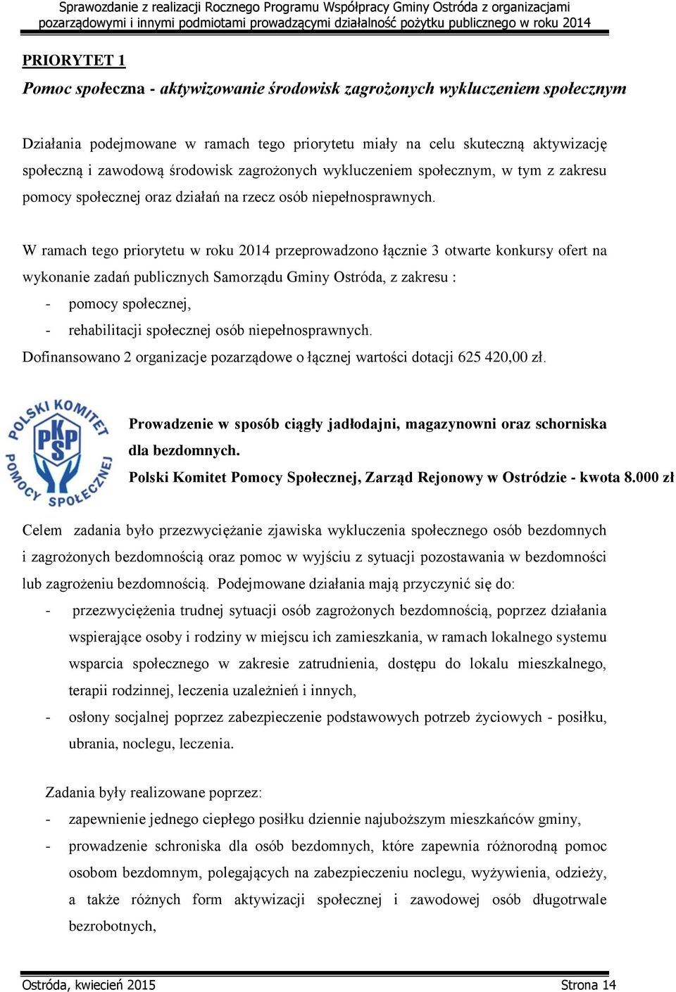 W ramach tego priorytetu w roku 2014 przeprowadzono łącznie 3 otwarte konkursy ofert na wykonanie zadań publicznych Samorządu Gminy Ostróda, z zakresu : - pomocy społecznej, - rehabilitacji