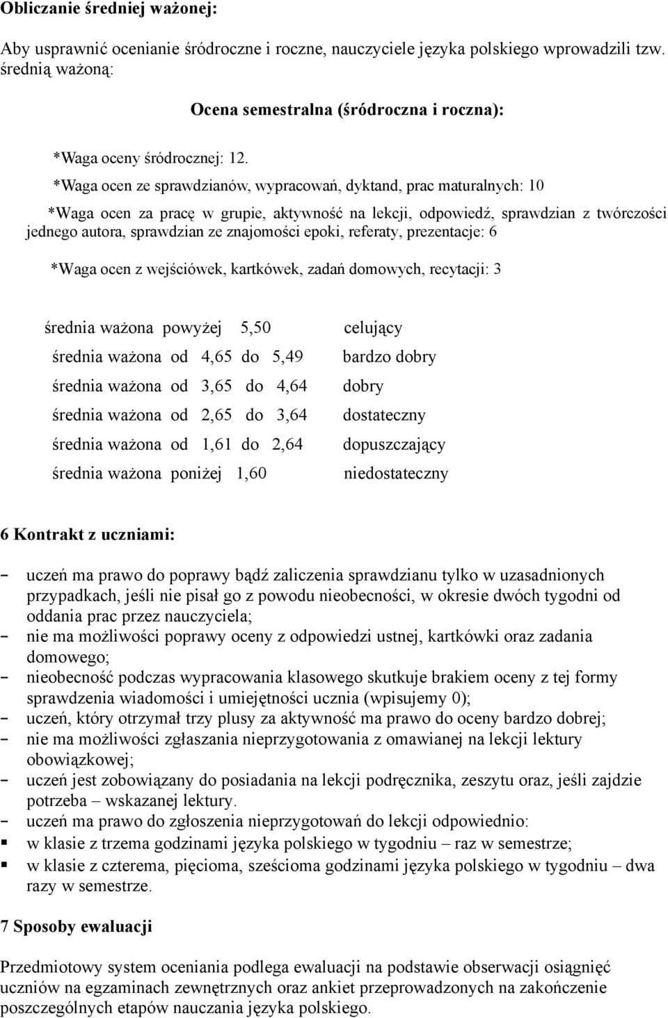 *Waga ocen ze sprawdzianów, wypracowań, dyktand, prac maturalnych: 10 *Waga ocen za pracę w grupie, aktywność na lekcji, odpowiedź, sprawdzian z twórczości jednego autora, sprawdzian ze znajomości