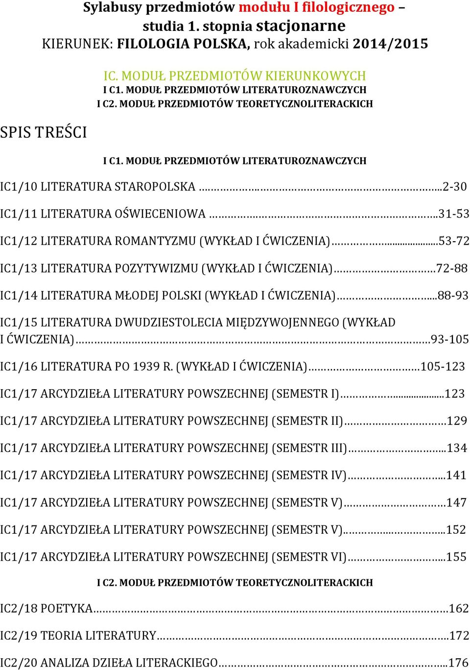 .31-53 IC1/1 LITERATURA ROMANTYZMU (WYKŁAD I ĆWICZENIA)...53-7 IC1/13 LITERATURA POZYTYWIZMU (WYKŁAD I ĆWICZENIA) 7-88 IC1/14 LITERATURA MŁODEJ POLSKI (WYKŁAD I ĆWICZENIA).