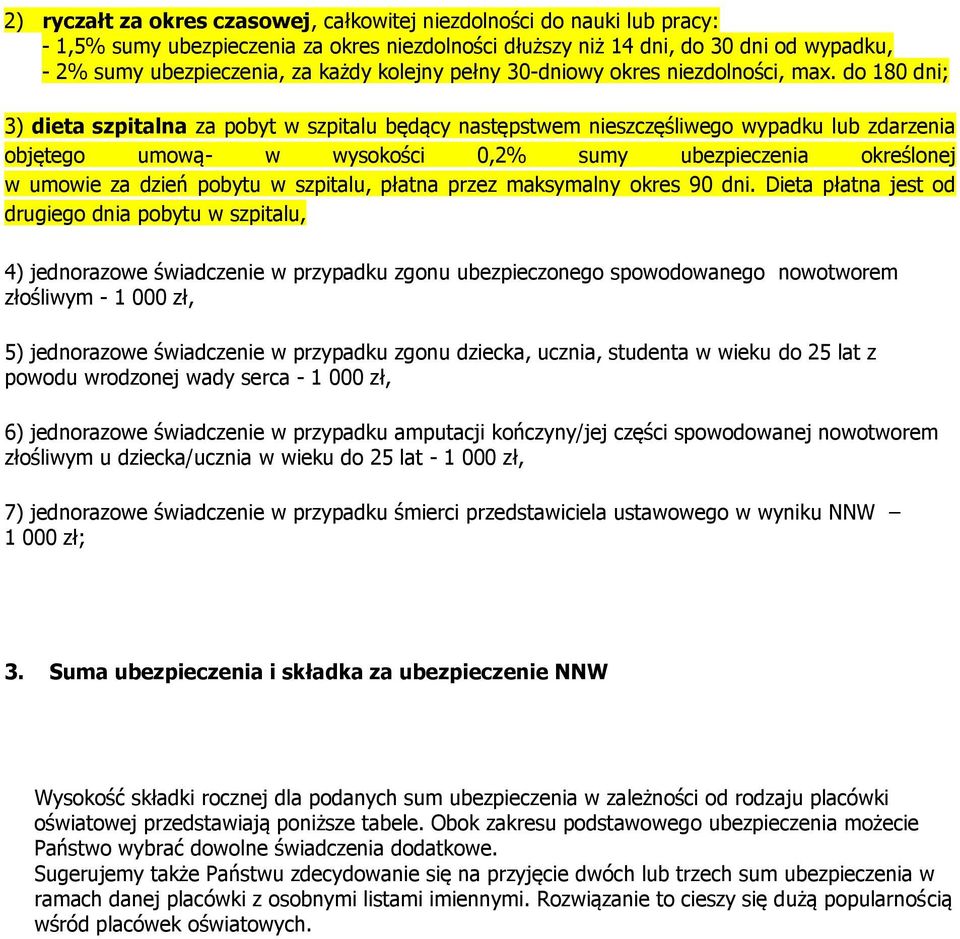 do 180 dni; 3) dieta szpitalna za pobyt w szpitalu będący następstwem nieszczęśliwego wypadku lub zdarzenia objętego umową- w wysokości 0,2% sumy ubezpieczenia określonej w umowie za dzień pobytu w