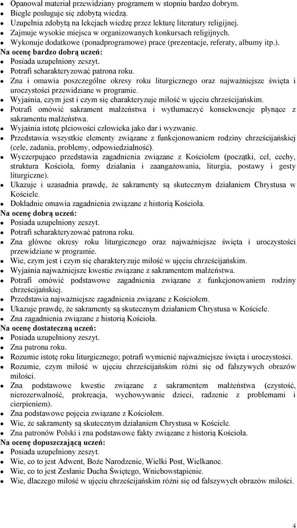 Zna i omawia poszczególne okresy roku liturgicznego oraz najważniejsze święta i uroczystości przewidziane w programie. Wyjaśnia, czym jest i czym się charakteryzuje miłość w ujęciu chrześcijańskim.