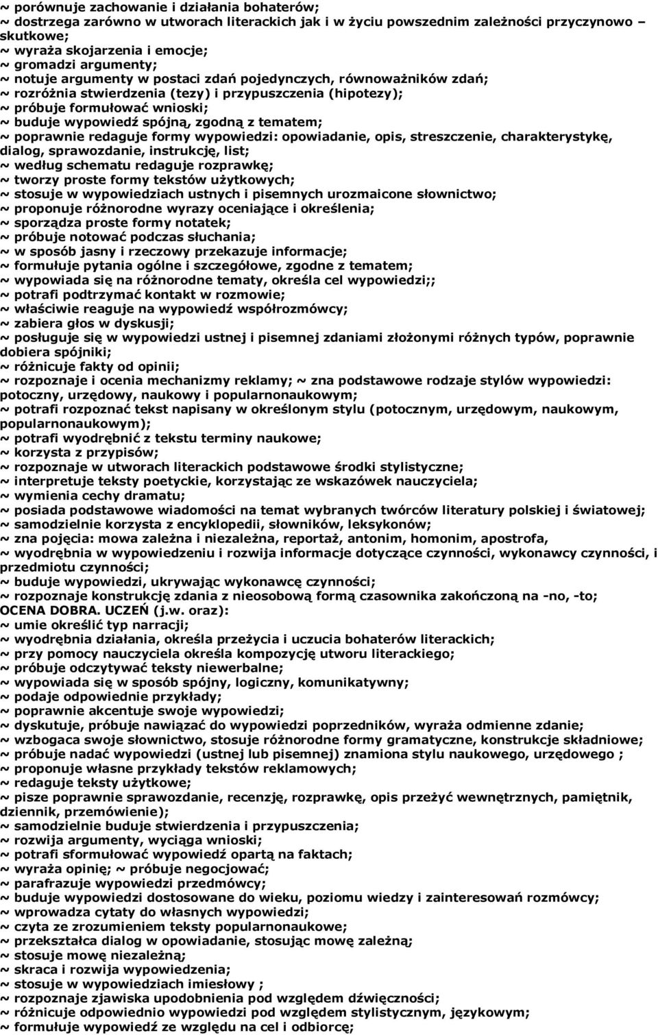 tematem; ~ poprawnie redaguje formy wypowiedzi: opowiadanie, opis, streszczenie, charakterystykę, dialog, sprawozdanie, instrukcję, list; ~ według schematu redaguje rozprawkę; ~ tworzy proste formy