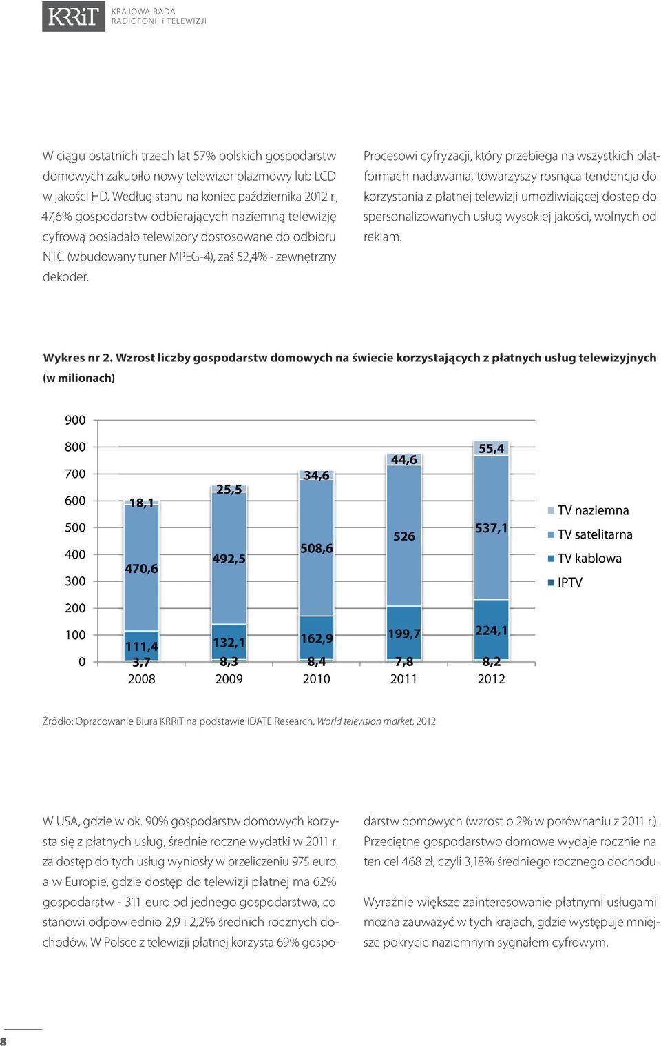 Procesowi cyfryzacji, który przebiega na wszystkich platformach nadawania, towarzyszy rosnąca tendencja do korzystania z płatnej telewizji umożliwiającej dostęp do spersonalizowanych usług wysokiej