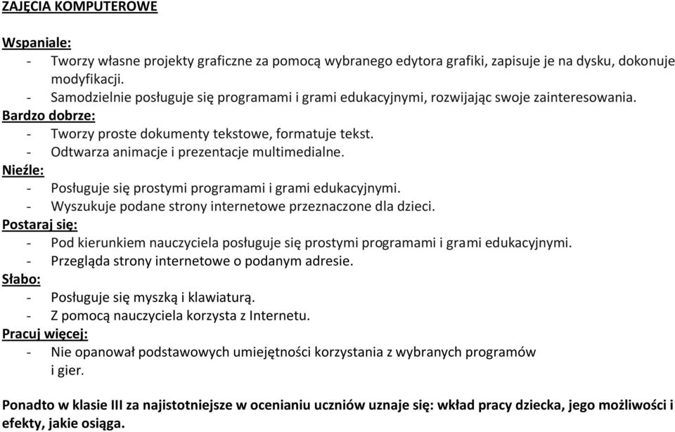 - Posługuje się prostymi programami i grami edukacyjnymi. - Wyszukuje podane strony internetowe przeznaczone dla dzieci.