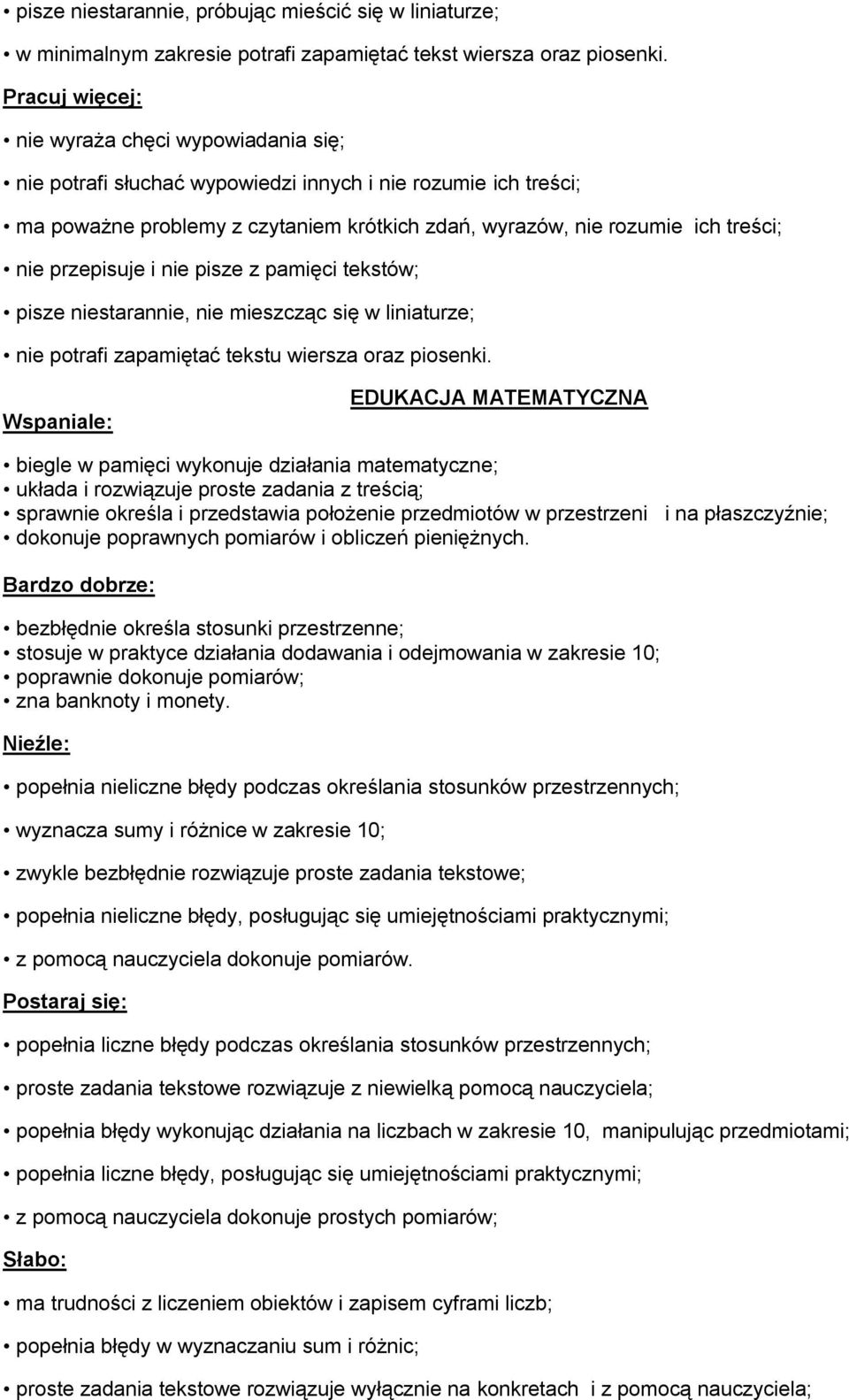 pisze z pamięci tekstów; pisze niestarannie, nie mieszcząc się w liniaturze; nie potrafi zapamiętać tekstu wiersza oraz piosenki.