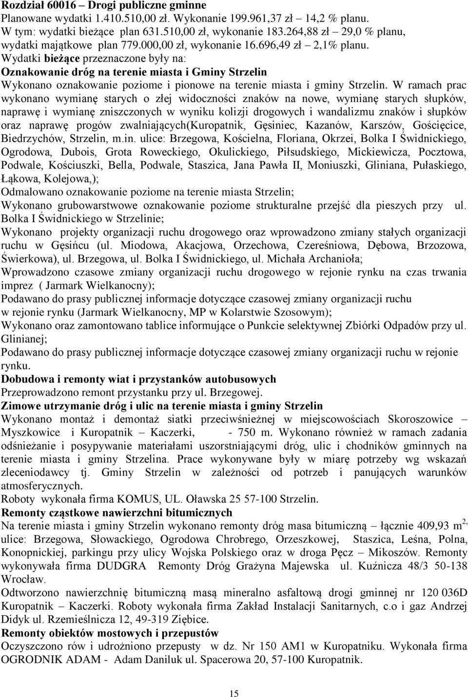 Wydatki bieżące przeznaczone były na: Oznakowanie dróg na terenie miasta i Gminy Strzelin Wykonano oznakowanie poziome i pionowe na terenie miasta i gminy Strzelin.