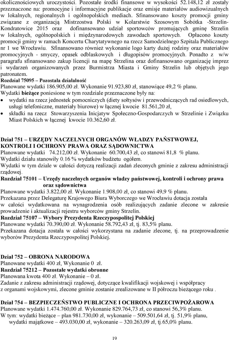 Sfinansowano koszty promocji gminy związane z organizacją Mistrzostwa Polski w Kolarstwie Szosowym Sobótka -Strzelin- Kondratowice 2015 oraz dofinansowano udział sportowców promujących gminę Strzelin