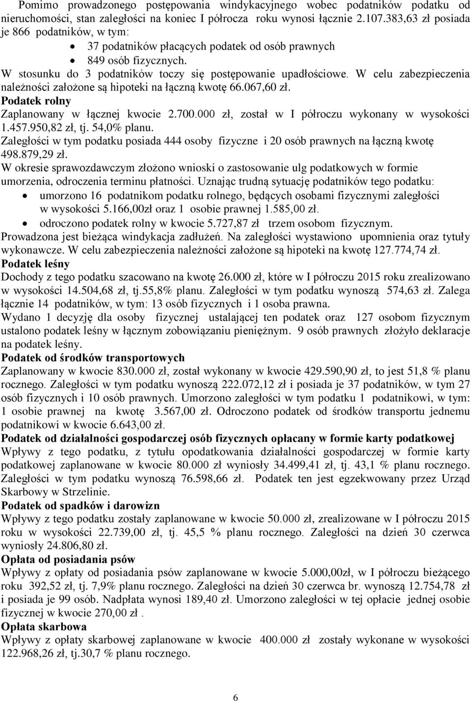 W celu zabezpieczenia należności założone są hipoteki na łączną kwotę 66.067,60 zł. Podatek rolny Zaplanowany w łącznej kwocie 2.700.000 zł, został w I półroczu wykonany w wysokości 1.457.