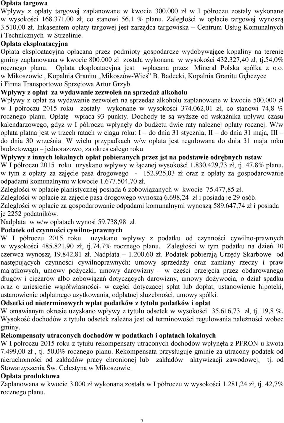 Opłata eksploatacyjna Opłata eksploatacyjna opłacana przez podmioty gospodarcze wydobywające kopaliny na terenie gminy zaplanowana w kwocie 800.000 zł została wykonana w wysokości 432.327,40 zł, tj.
