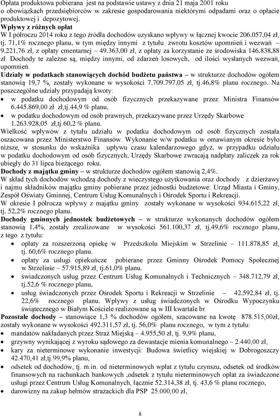 71,1% rocznego planu, w tym między innymi z tytułu zwrotu kosztów upomnień i wezwań 9.221,76 zł, z opłaty cmentarnej 49.363,00 zł, z opłaty za korzystanie ze środowiska 146.838,88 zł.