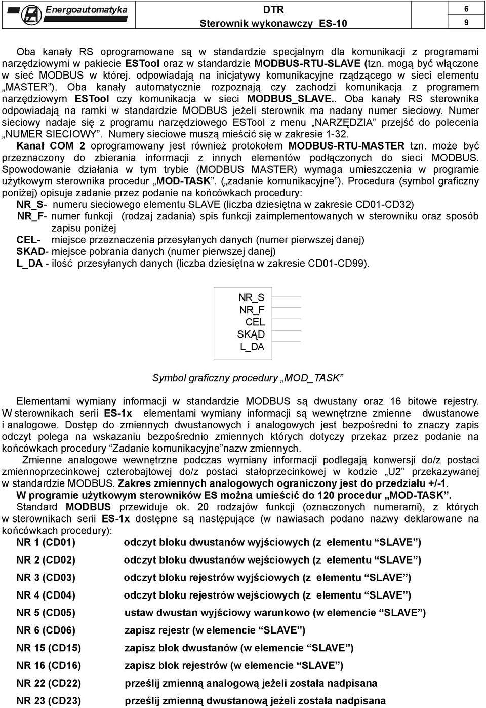 Oba kanały automatycznie rozpoznają czy zachodzi komunikacja z programem narzędziowym ESTool czy komunikacja w sieci MODBUS_SLAVE.