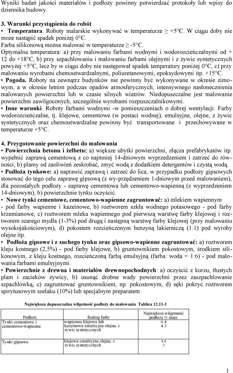 Optymalna temperatura: a) przy malowaniu farbami wodnymi i wodorozcieńczalnymi od + 2 do +8 C, b) przy szpachlowaniu i malowaniu farbami olejnymi i z żywic syntetycznych powyżej +5 C, lecz by w ciągu