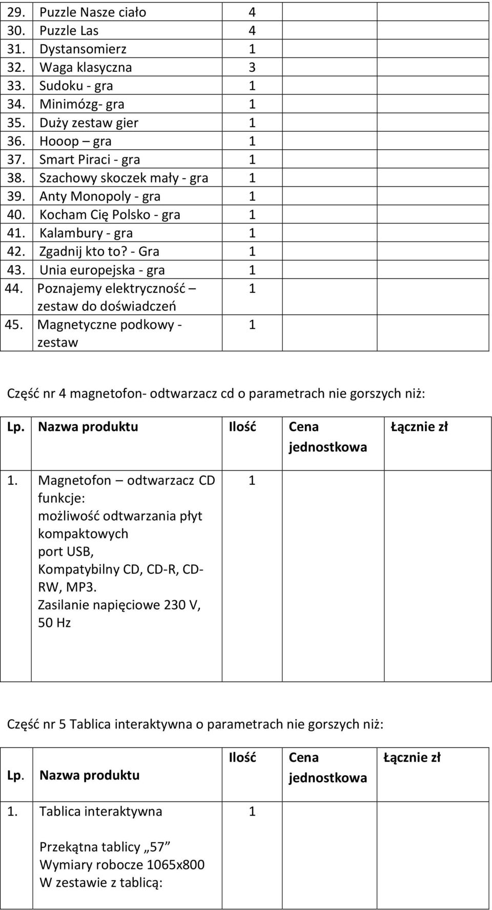 Poznajemy elektryczność 1 zestaw do doświadczeń 45. Magnetyczne podkowy - 1 zestaw Część nr 4 magnetofon- odtwarzacz cd o parametrach nie gorszych niż: Lp. Nazwa produktu Ilość Cena 1.