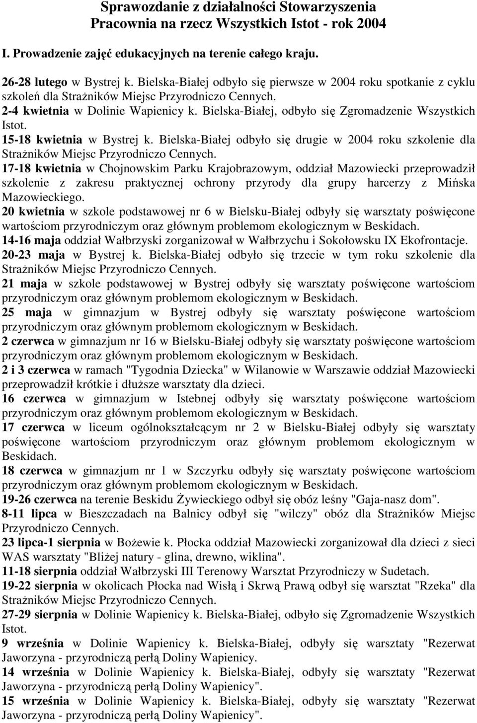 Bielska-Białej odbyło się drugie w 2004 roku szkolenie dla 17-18 kwietnia w Chojnowskim Parku Krajobrazowym, oddział Mazowiecki przeprowadził szkolenie z zakresu praktycznej ochrony przyrody dla