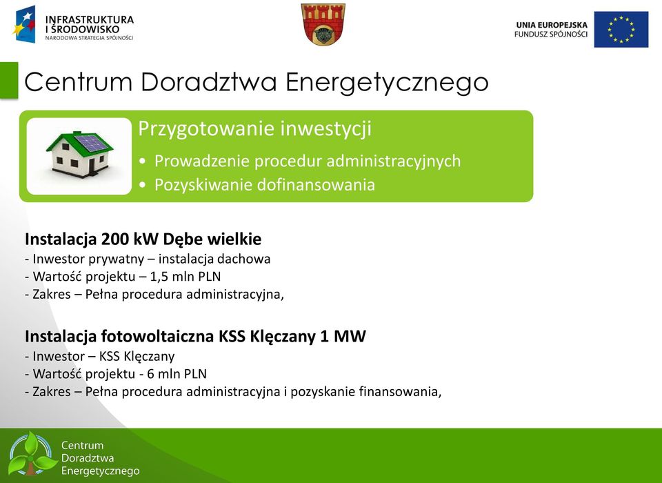 projektu 1,5 mln PLN - Zakres Pełna procedura administracyjna, Instalacja fotowoltaiczna KSS Klęczany 1 MW -