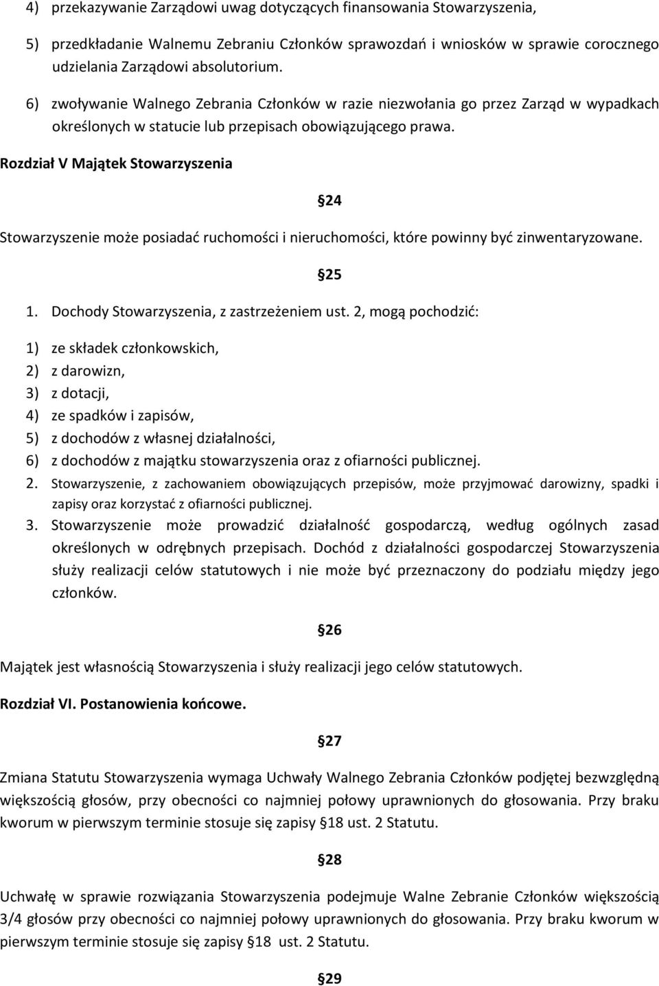 Rozdział V Majątek Stowarzyszenia 24 Stowarzyszenie może posiadać ruchomości i nieruchomości, które powinny być zinwentaryzowane. 25 1. Dochody Stowarzyszenia, z zastrzeżeniem ust.