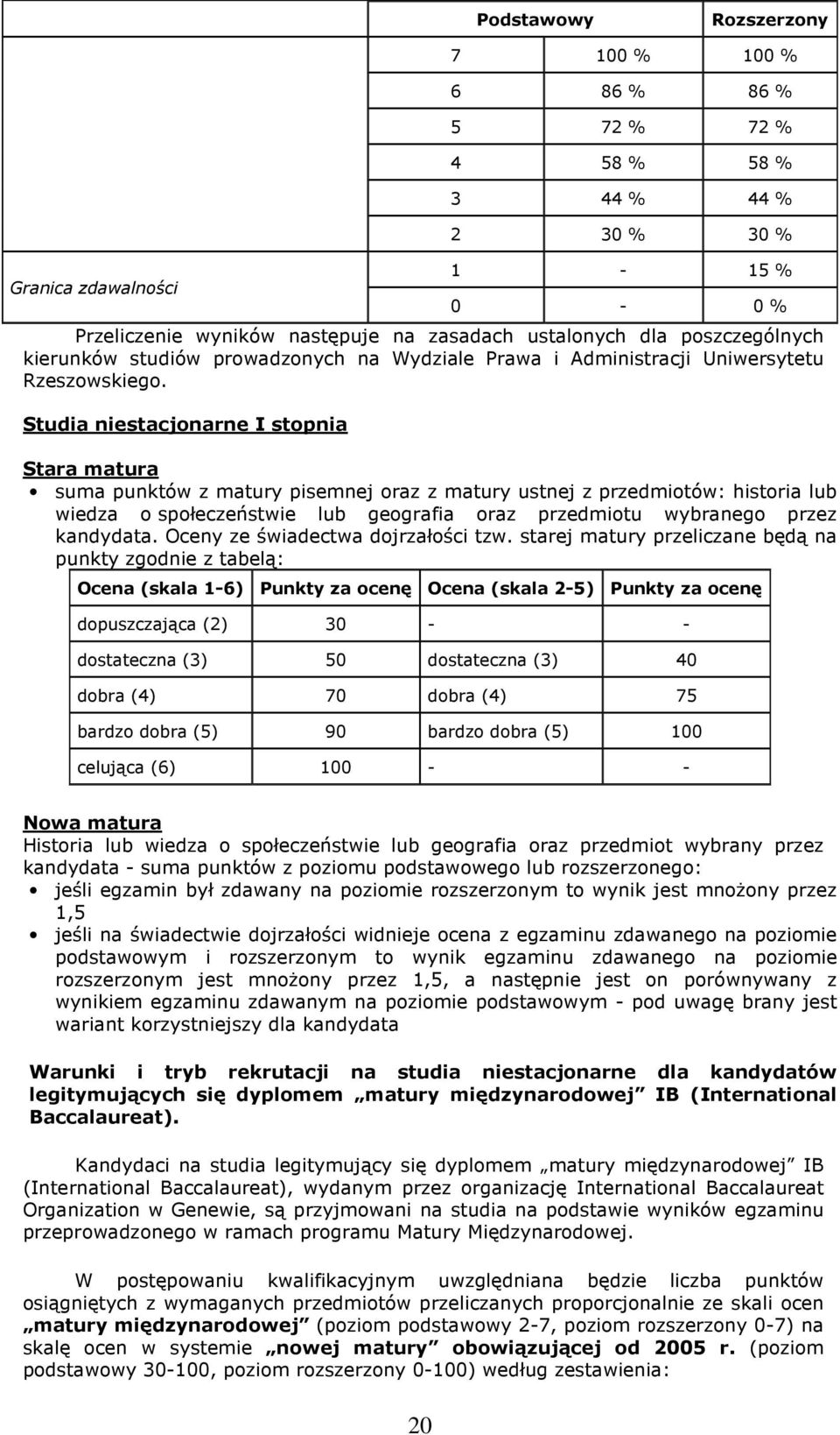 Studia niestacjonarne I stopnia Stara matura suma punktów z matury pisemnej oraz z matury ustnej z przedmiotów: historia lub wiedza o społeczeństwie lub geografia oraz przedmiotu wybranego przez