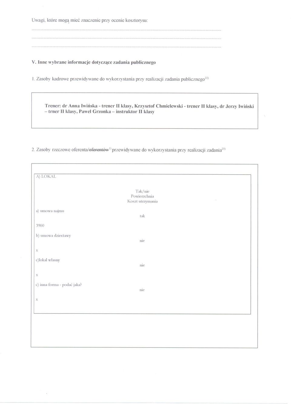 Zasoby kadrowe przewidywane do wykorzystania przy realizacji zadania publicznego22) Trener: dr Anna Iwinska - trener II klasy, Krzysztof Chmielewski - trener II klasy, dr Jerzy