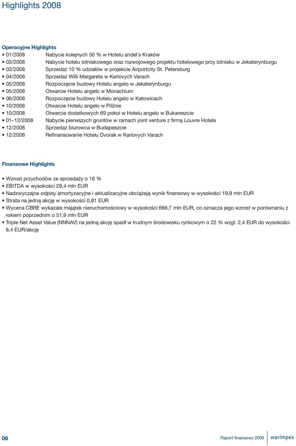Petersburg 04/2008 Sprzedaż Willi Margareta w Karlovych Varach 05/2008 Rozpoczęcie budowy Hotelu angelo w Jekaterynburgu 05/2008 Otwarcie Hotelu angelo w Monachium 06/2008 Rozpoczęcie budowy Hotelu