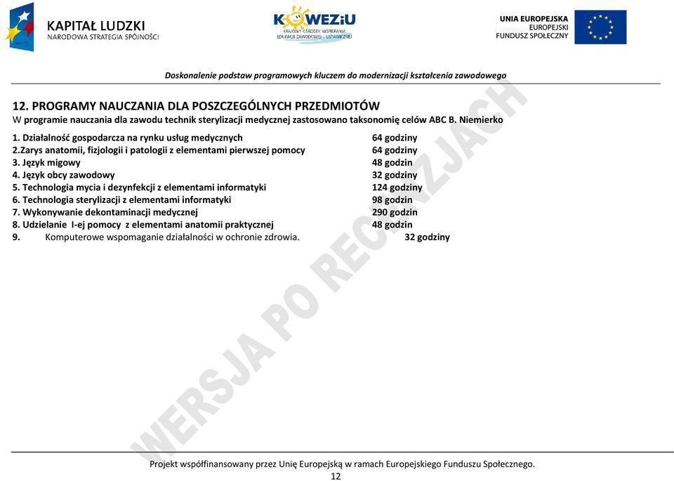 Język obcy zawodowy 32 godziny 5. Technologia mycia i dezynfekcji z elementami informatyki 124 godziny 6. Technologia sterylizacji z elementami informatyki 98 godzin 7.