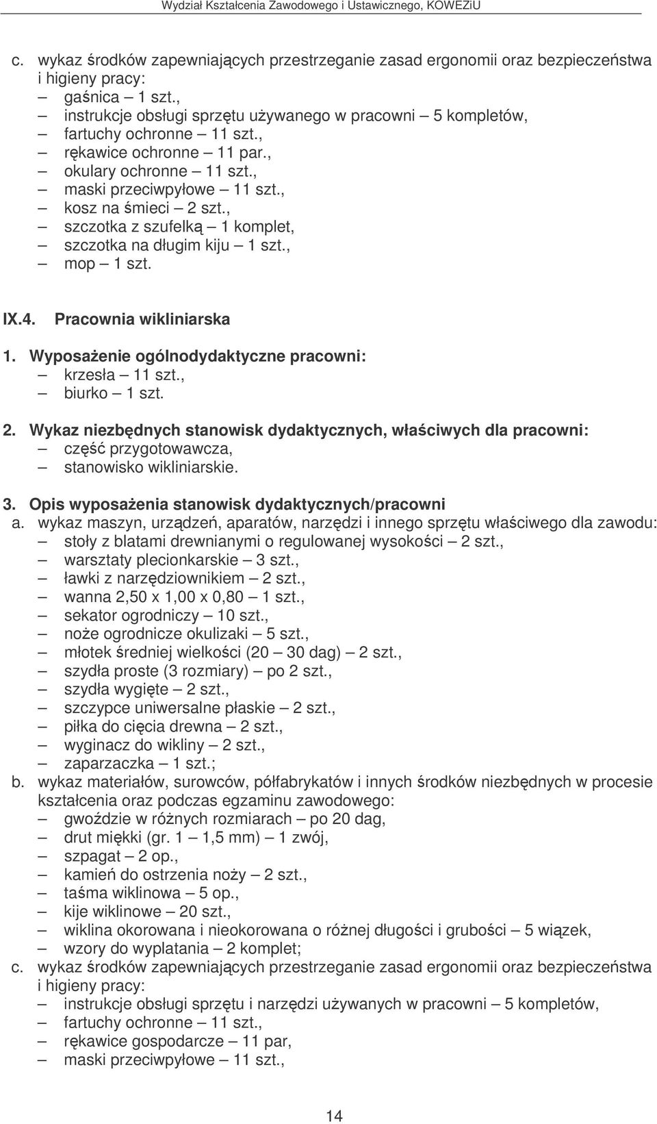 cz przygotowawcza, stanowisko wikliniarskie. 3. Opis wyposaenia stanowisk dydaktycznych/pracowni stoły z blatami drewnianymi o regulowanej wysokoci 2 szt., warsztaty plecionkarskie 3 szt.