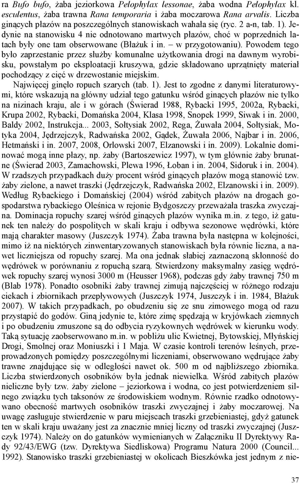 Jedynie na stanowisku 4 nie odnotowano martwych płazów, choć w poprzednich latach były one tam obserwowane (BłaŜuk i in. w przygotowaniu).