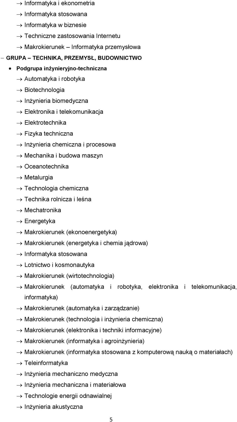 maszyn Oceanotechnika Metalurgia Technologia chemiczna Technika rolnicza i leśna Mechatronika Energetyka Makrokierunek (ekonoenergetyka) Makrokierunek (energetyka i chemia jądrowa) Informatyka