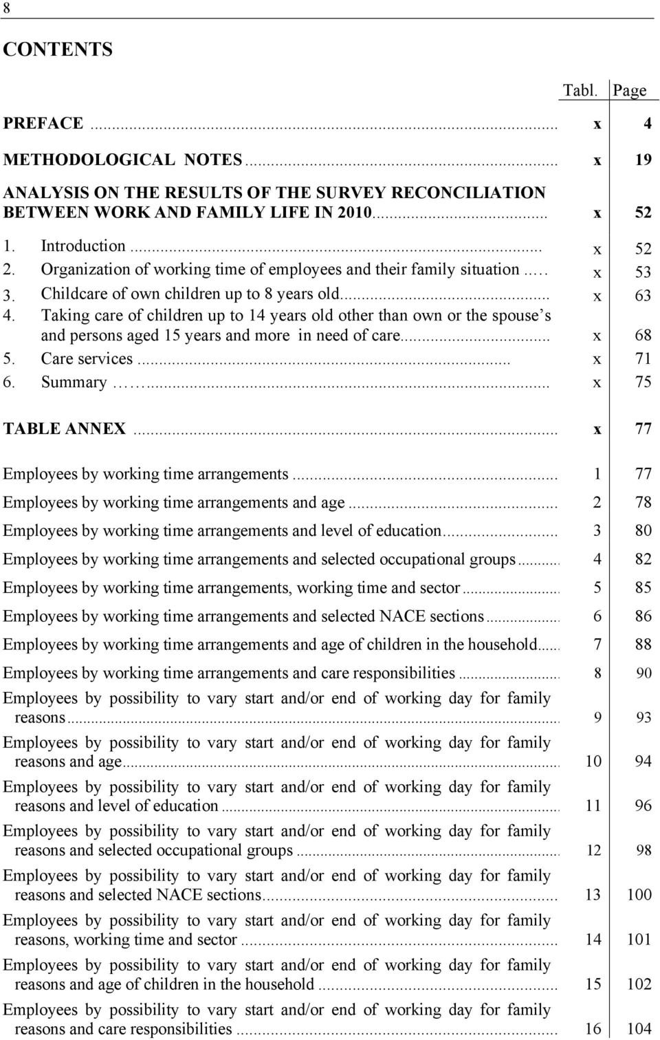 Taking care of children up to 14 years old other than own or the spouse s and persons aged 15 years and more in need of care... x 68 5. Care services... x 71 6. Summary... x 75 TABLE ANNEX.