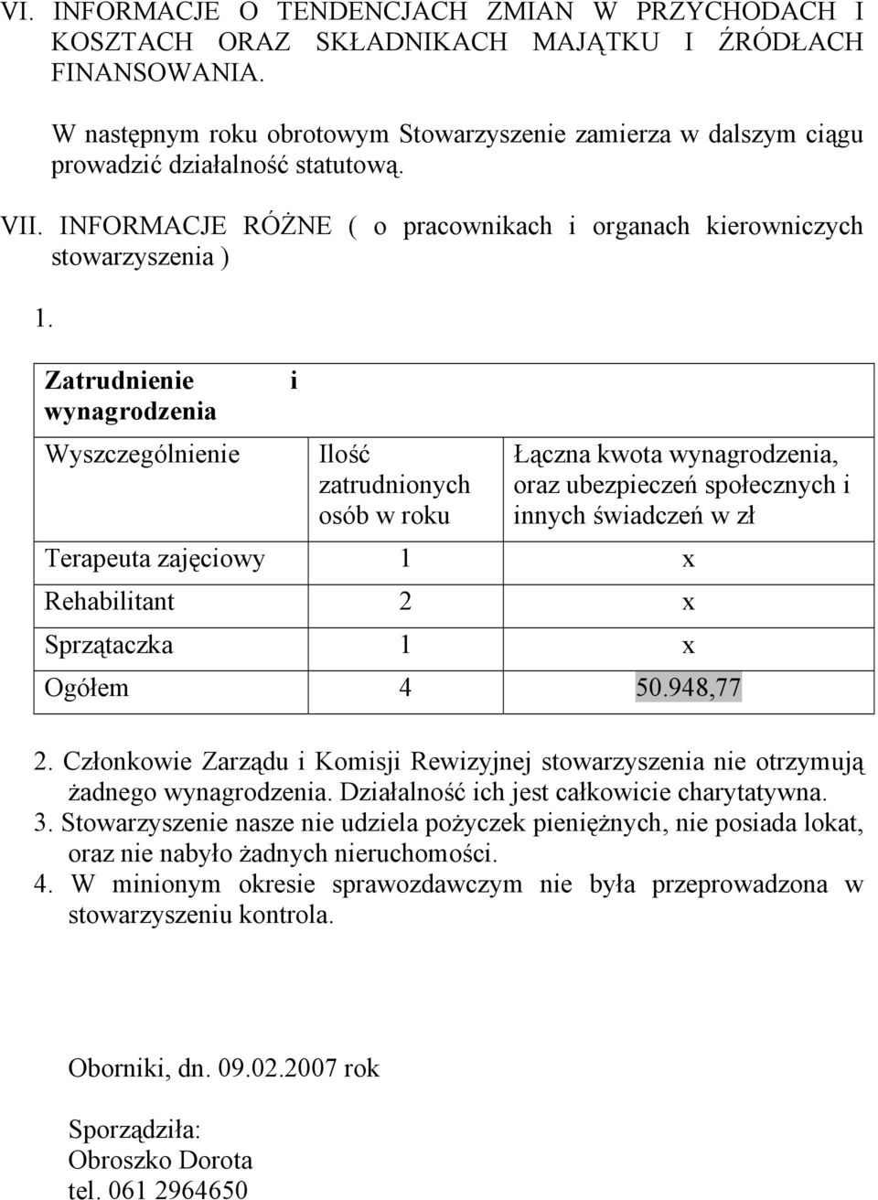 Zatrudnienie wynagrodzenia Wyszczególnienie i Ilość zatrudnionych osób w roku Łączna kwota wynagrodzenia, oraz ubezpieczeń społecznych i innych świadczeń w zł Terapeuta zajęciowy 1 x Rehabilitant 2 x