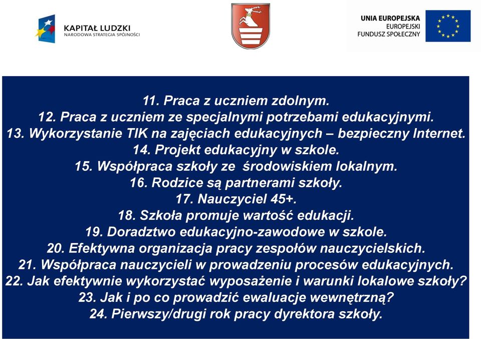 Szkoła promuje wartość edukacji. 19. Doradztwo edukacyjno-zawodowe w szkole. 20. Efektywna organizacja pracy zespołów nauczycielskich. 21.