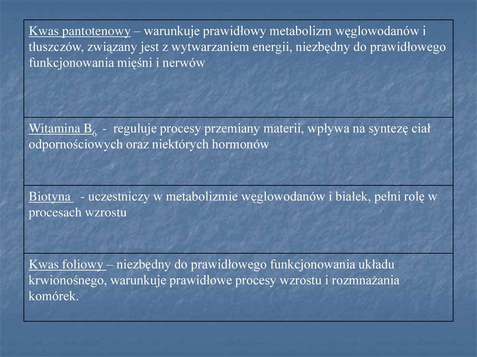odpornościowych oraz niektórych hormonów Biotyna - uczestniczy w metabolizmie węglowodanów i białek, pełni rolę w procesach