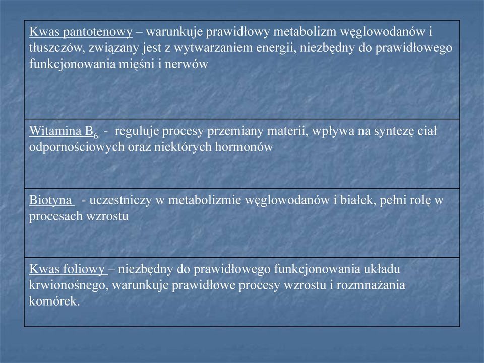 odpornościowych oraz niektórych hormonów Biotyna - uczestniczy w metabolizmie węglowodanów i białek, pełni rolę w procesach