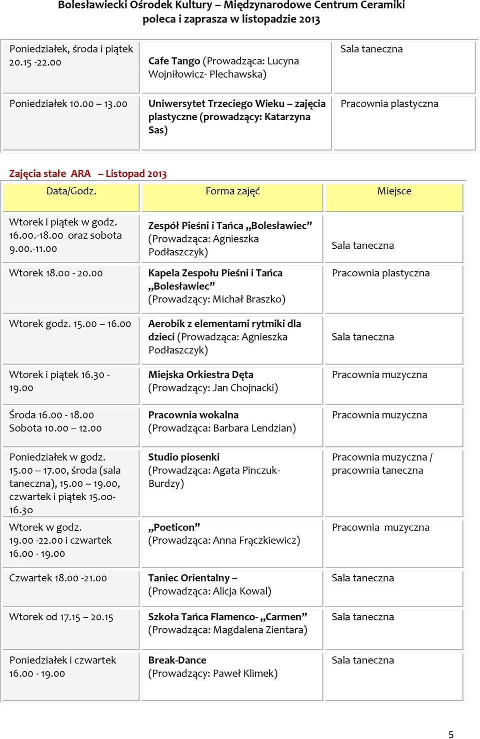 00 Wtorek 18.00-20.00 Wtorek godz. 15.00 16.00 Wtorek i piątek 16.30-19.00 Środa 16.00-18.00 Sobota 10.00 12.00 Poniedziałek w godz. 15.00 17.00, środa (sala taneczna), 15.00 19.